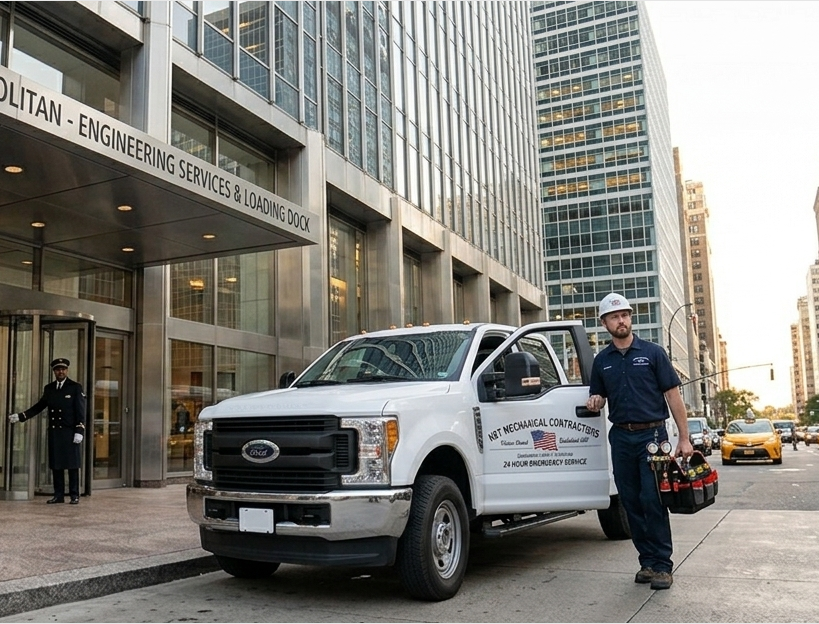 A service technician in a hard hat carries a tool box next to a white Ford truck parked by a city office building entrance.