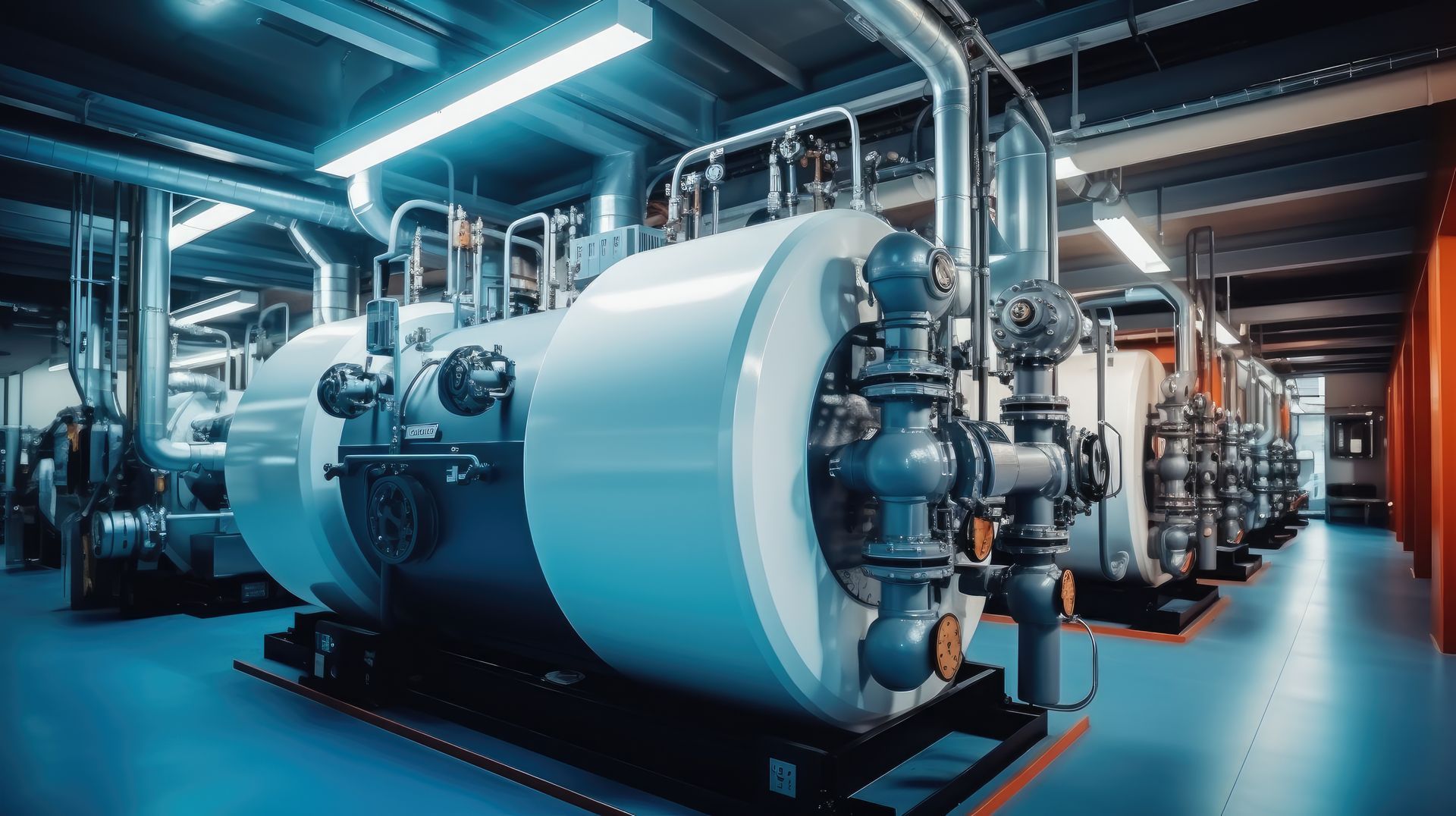 Industrial boiler room featuring large, cylindrical white pressurized tanks and complex blue piping in a facility
