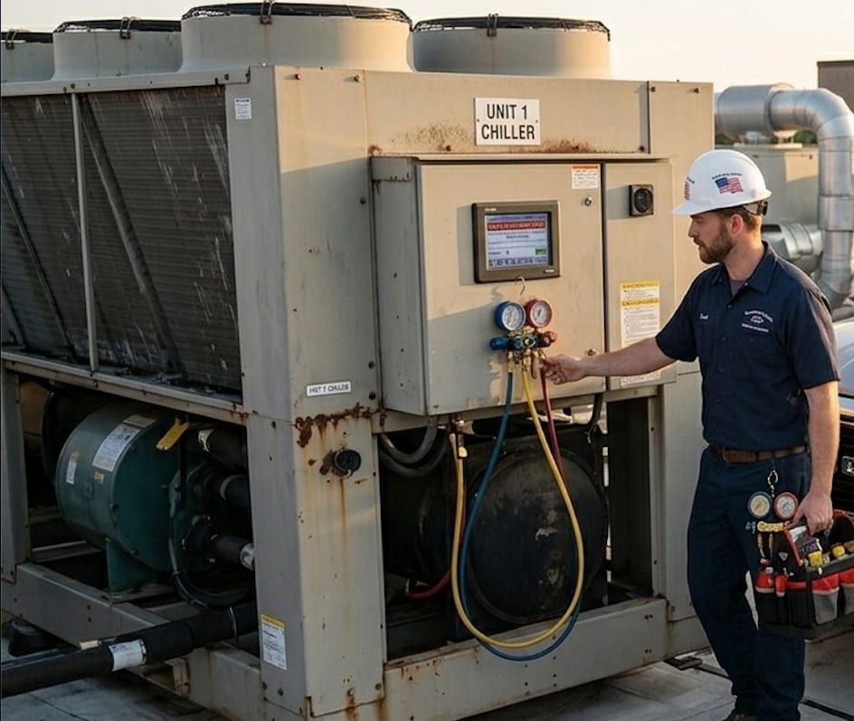 A technician in a hard hat services a rooftop chiller unit with pressure gauges and hoses attached to the control panel.