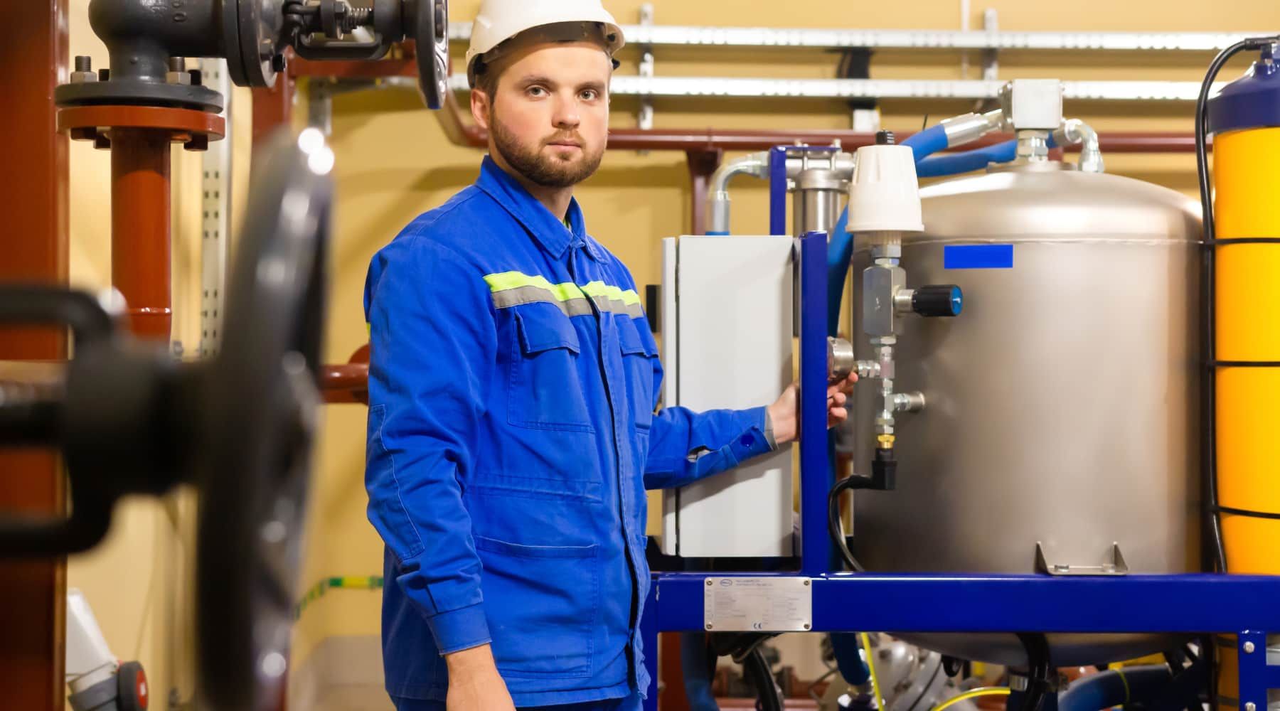 Worker in blue coveralls standing beside industrial tanks and piping in a factory.