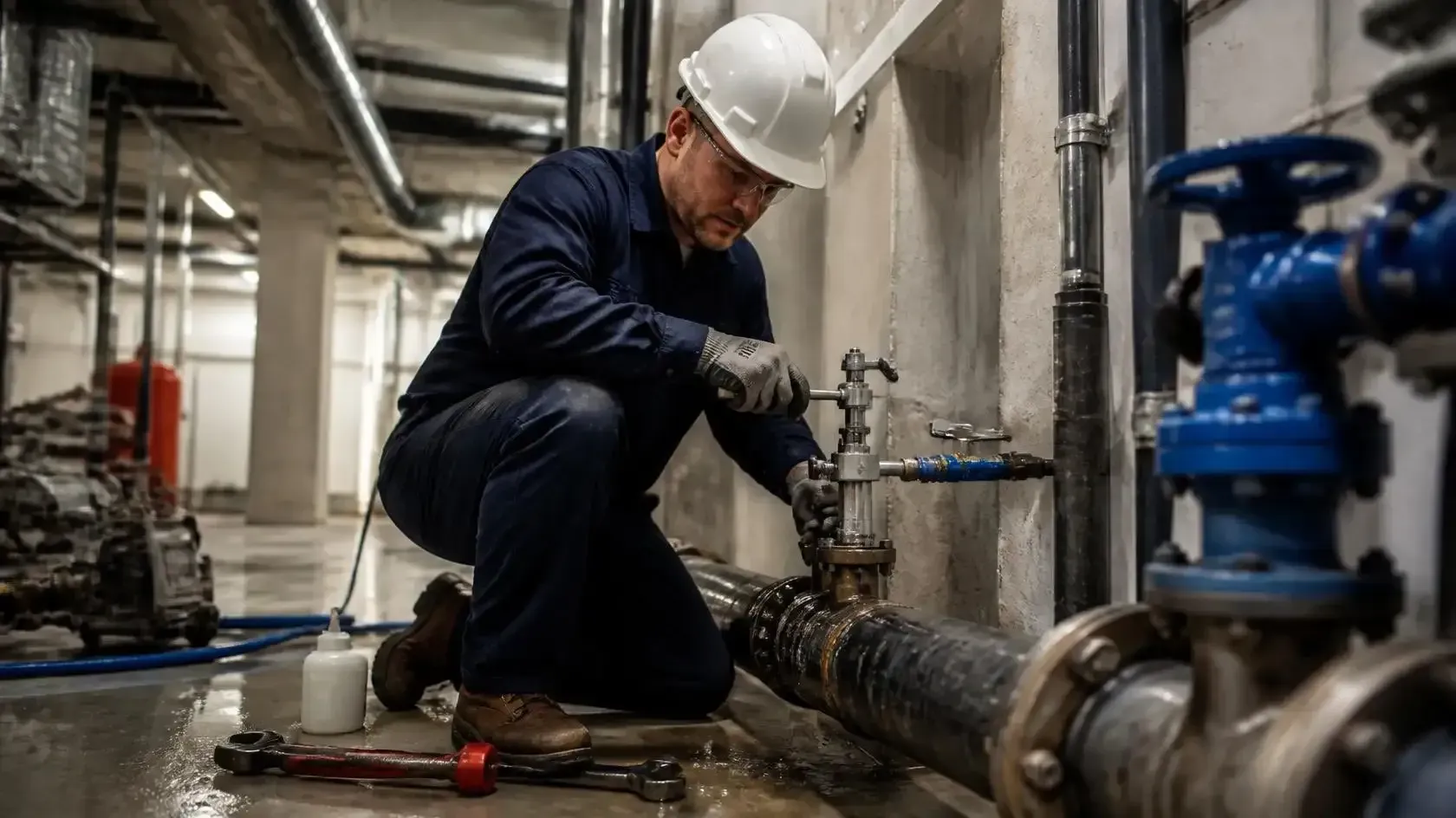 Worker kneeling to inspect a large pipe in an industrial basement, wearing a hard hat and dark coveralls