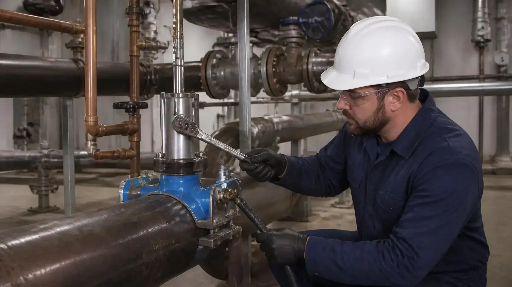 Technician in hard hat inspects industrial pipes with a wrench in a mechanical room