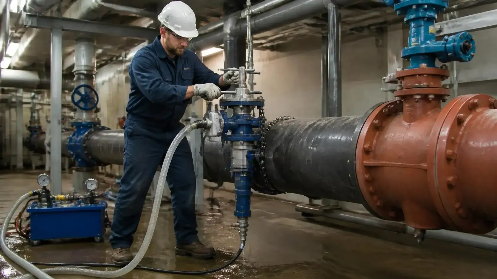 Worker in hard hat inspecting industrial pipes with a hose in a mechanical room
