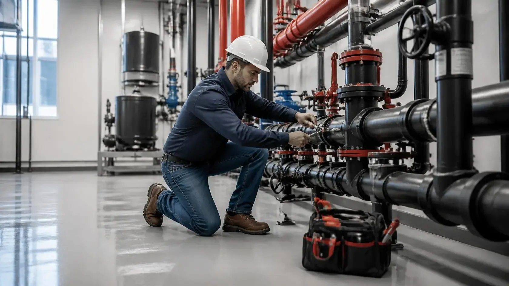 Technician kneeling by industrial pipes in a mechanical room, adjusting valves beside a tool bag.
