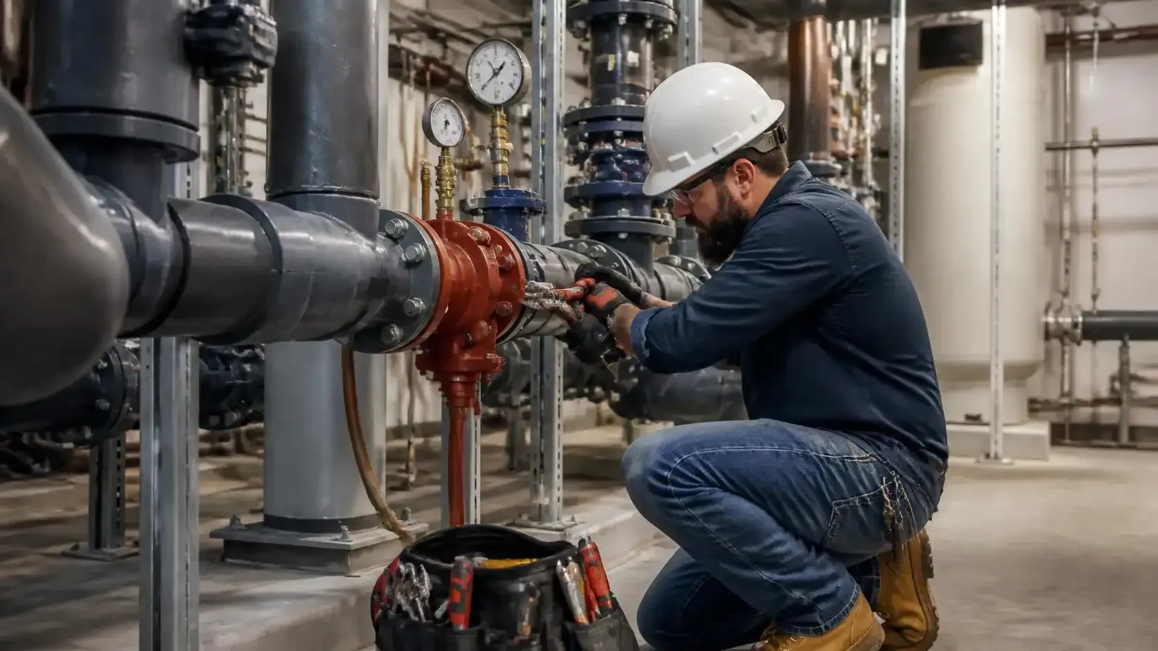 Technician in hard hat kneels beside industrial piping, inspecting a red valve in a mechanical room.