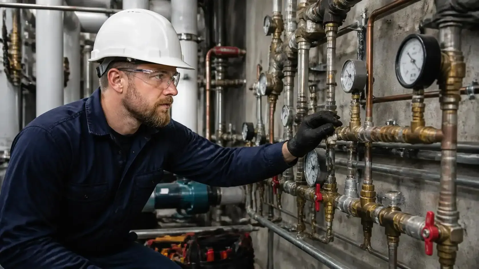 Technician in hard hat inspecting industrial pipes and gauges in a mechanical room.