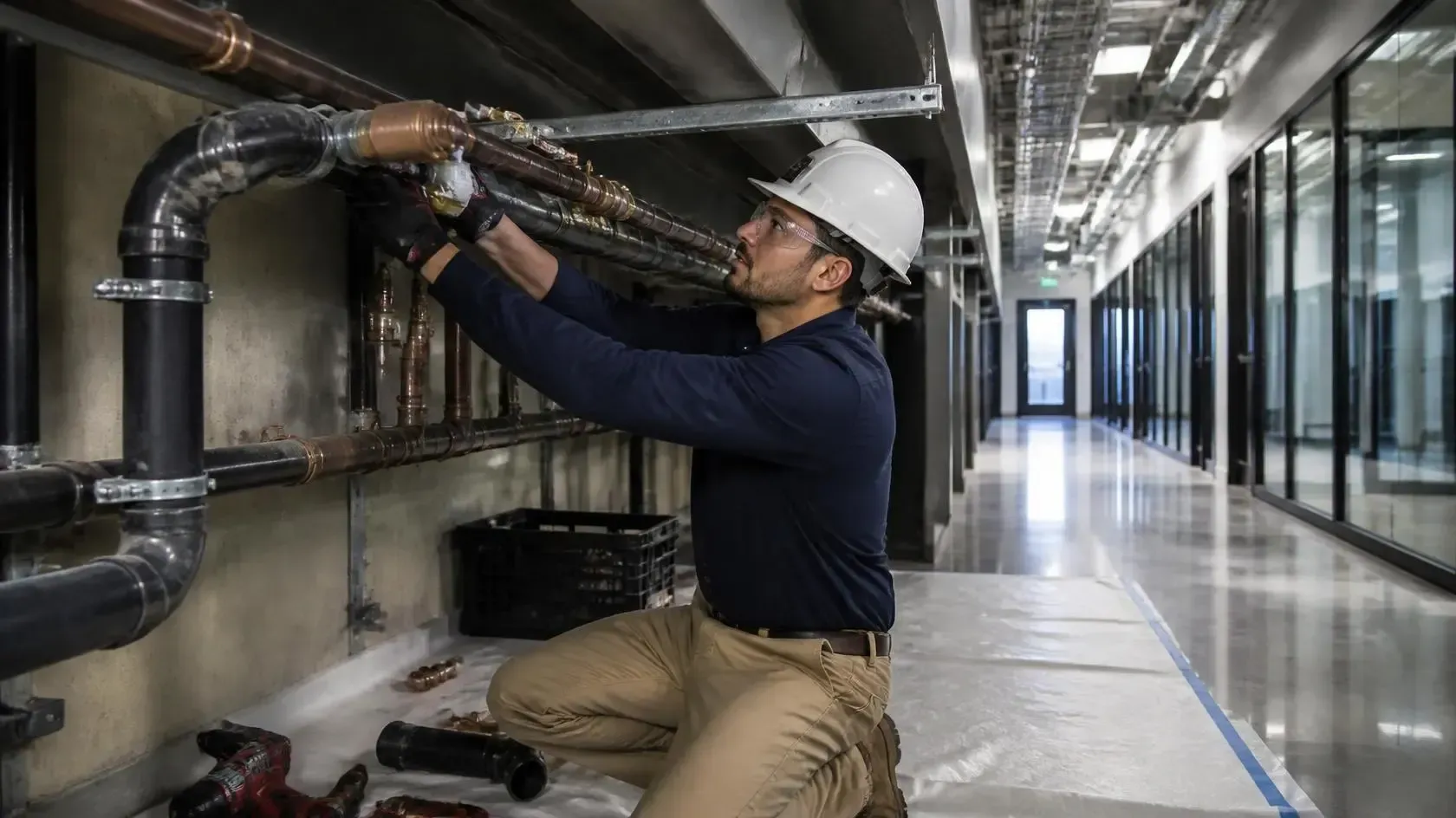 Worker installing ceiling pipes in a glass-walled hallway, kneeling beside tools and ducting.