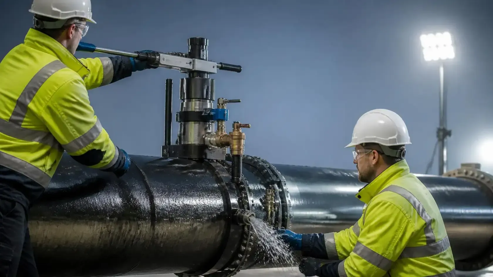Two workers in high-visibility jackets repairing a large black pipeline at night with sparks flying