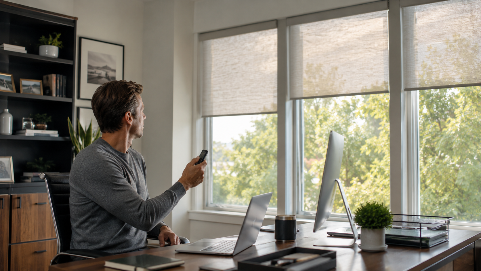 Homeowner using a remote to adjust motorized shades in a bright home office