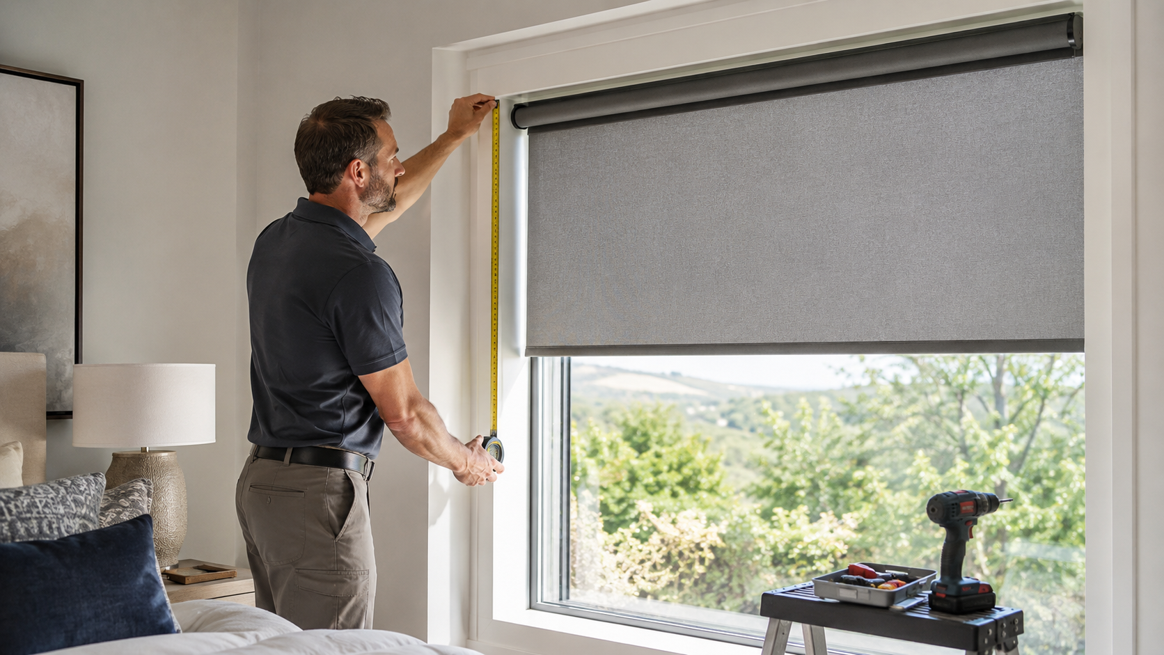 Window treatment specialist measuring a window for motorized shade installation