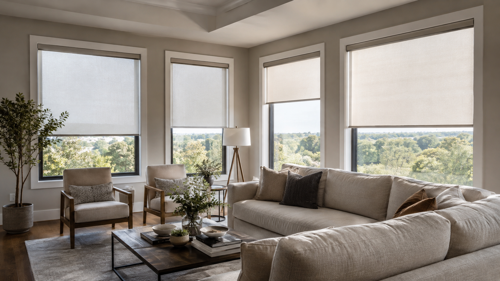 Modern living room with motorized roller shades controlling natural light
