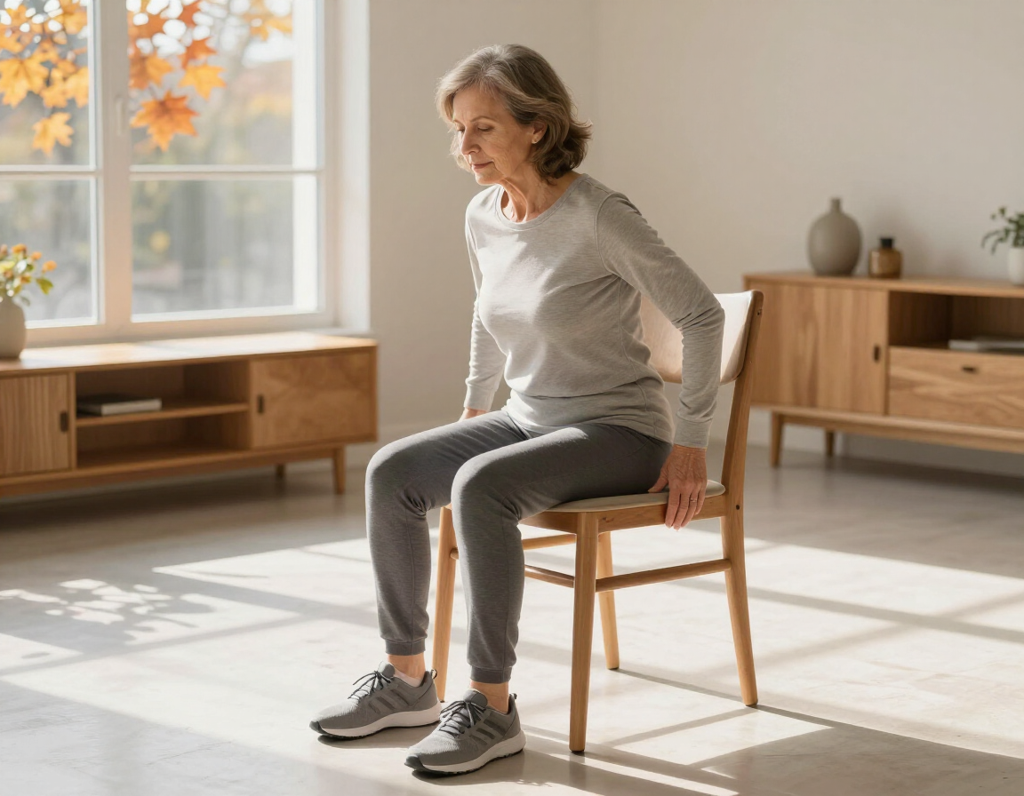 Older woman practicing supported leg-strength exercises at home