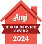Angi Super Service Award 2024 badge with red house icon and ribbon