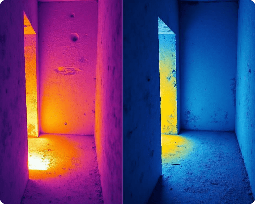 Color-split corridor with purple and blue walls, lit by warm orange light on the floor