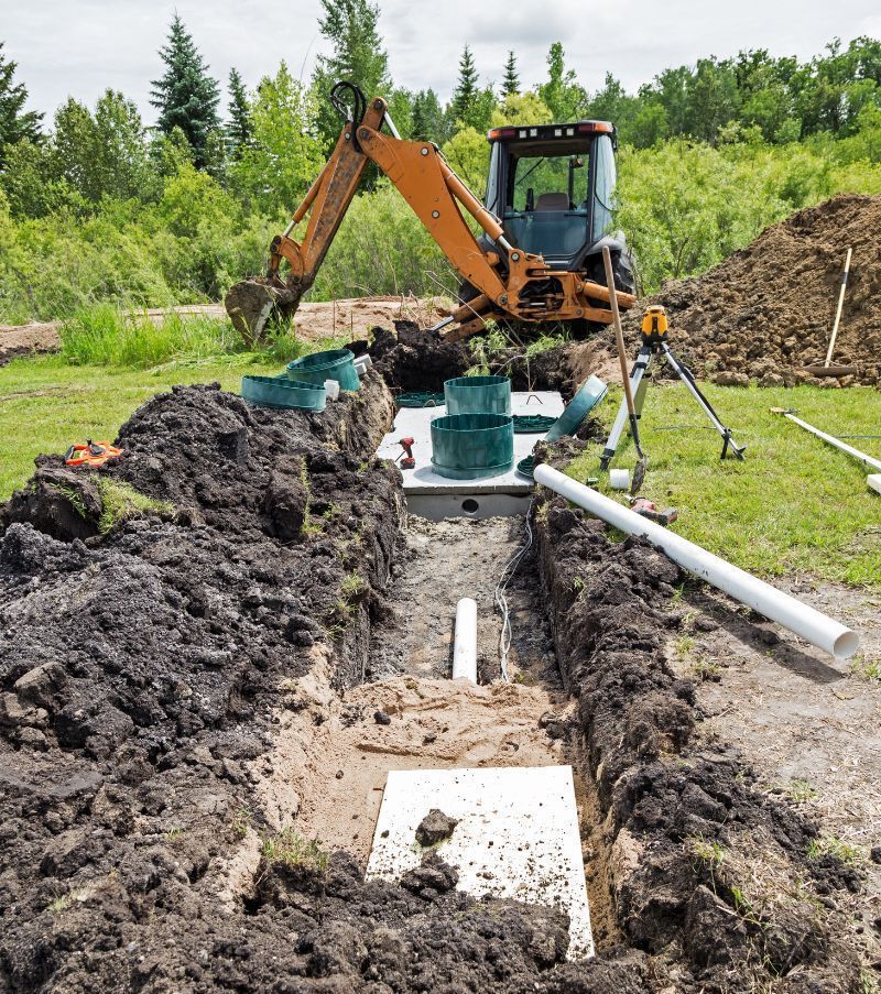 A backhoe is digging a hole in the ground to install a septic system.