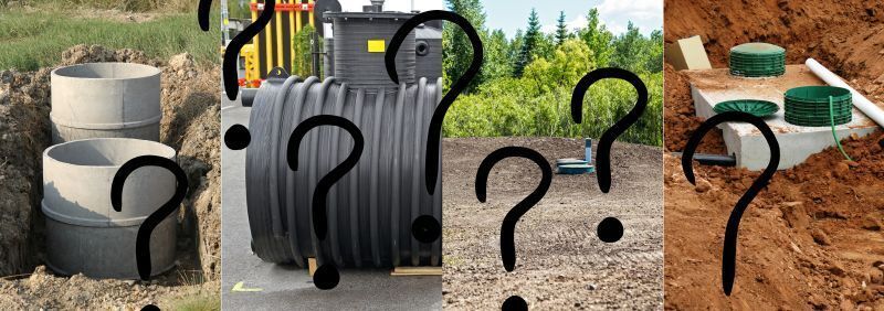 A collage of four pictures of different septic tanks with question marks on them.