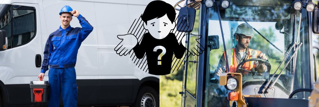 A man is standing next to a van and a man is driving a backhoe.