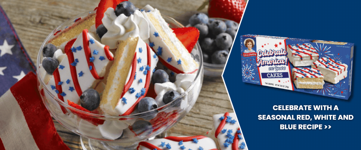 red, white and blue seasonal banner with a layered cake recipe