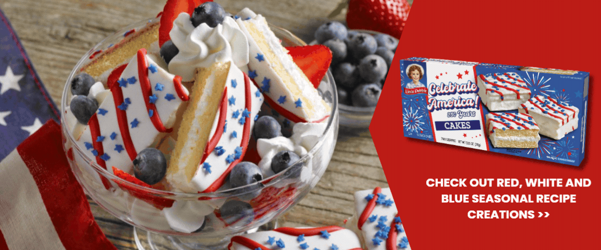 red, white and blue seasonal banner with a layered cake recipe