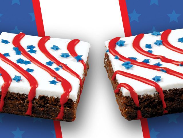 Two brownies with red white and blue frosting on them