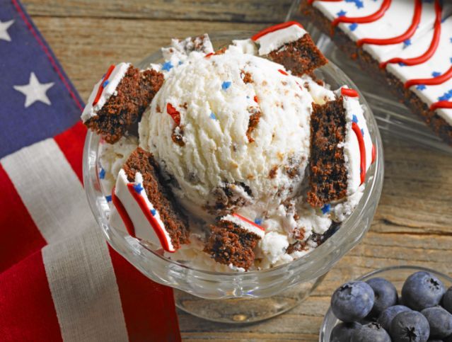 red white and blue brownies mixed with ice cream as a dessert