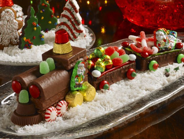 A christmas train made out of chocolate and candy on a plate.