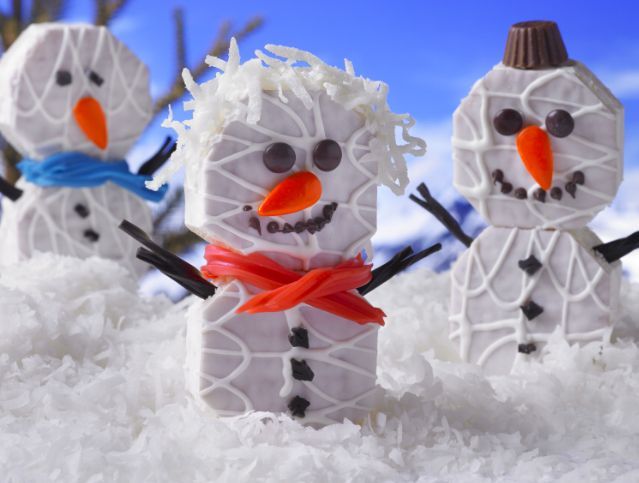 fancy cakes decorated as snowmen