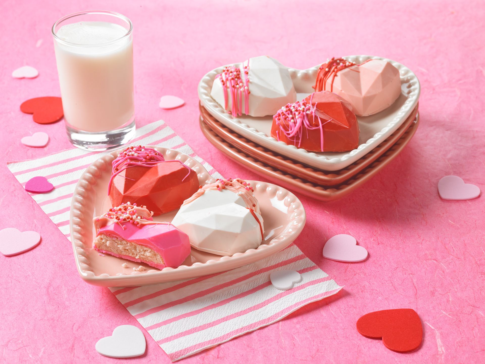 valentine cakes decorated as cake truffles shaped like geometric heartss