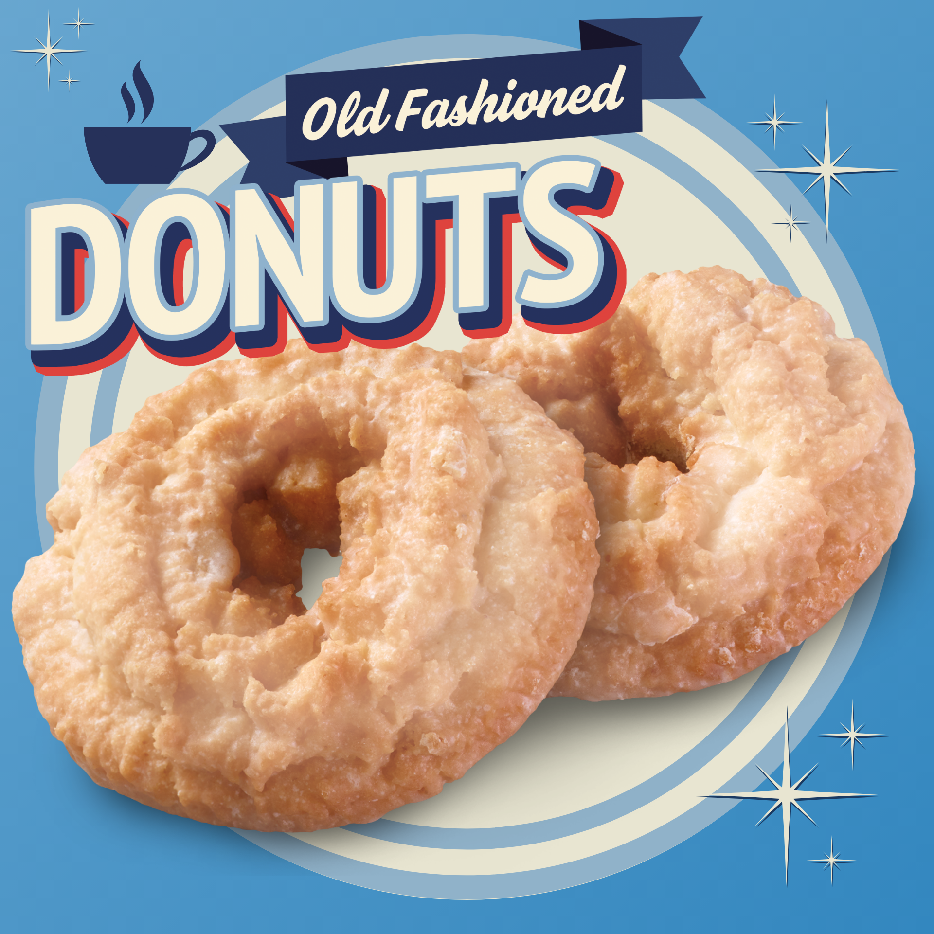 two big back old fashioned donuts with the logo on a blue background