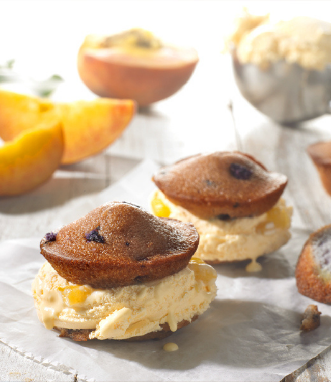 blueberry mini muffins layered with peach ice cream