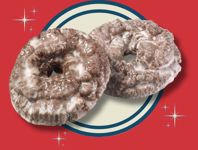 two chocolate donuts on a red background with a creme circle 