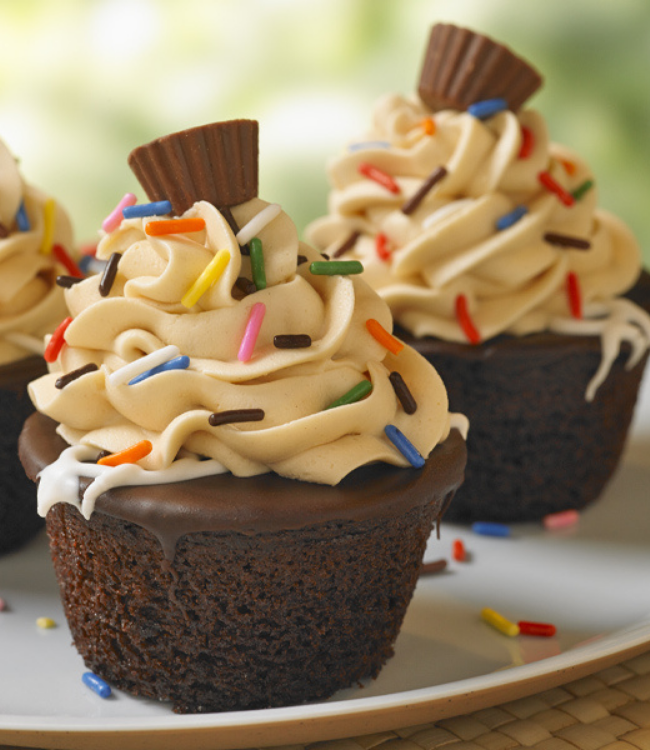 chocolate cupcakes topped with peanut butter frosting and sprinkles