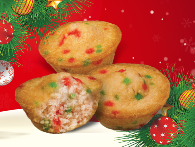 three christmas mini muffins on a red background