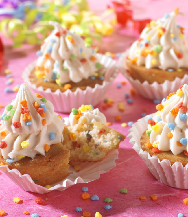 birthday cake mini muffins decorated as mini birthday cake bites