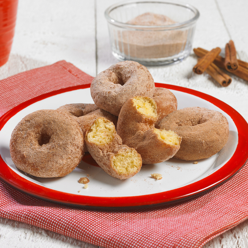 A plate of cinnamon donuts with a bite taken out of one