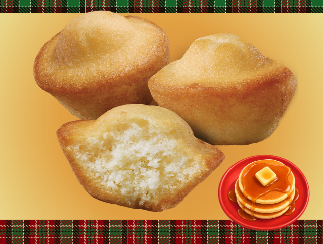 image of three flapjack mini muffins on a tan background with an image of a stack of pancakes with syrup and butter 