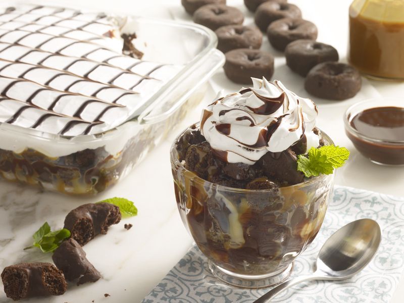 fudge round mini donuts layered with whipped topping