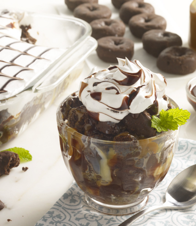 fudge round mini donuts layered with whipped topping