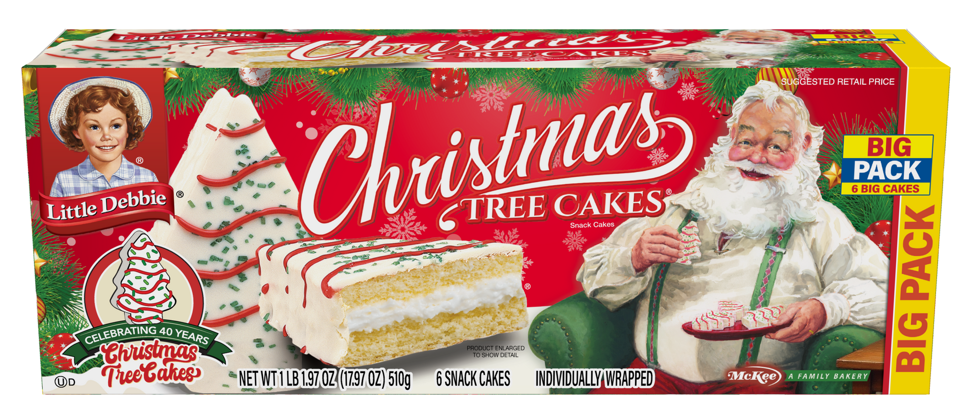 A box of big pack christmas tree cakes with santa on it.