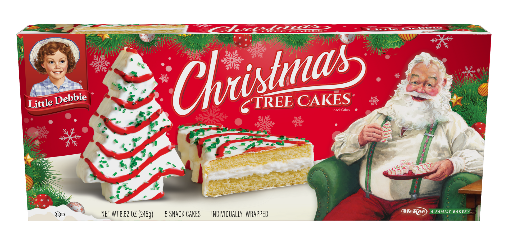 A box of christmas tree cakes with santa on the front.