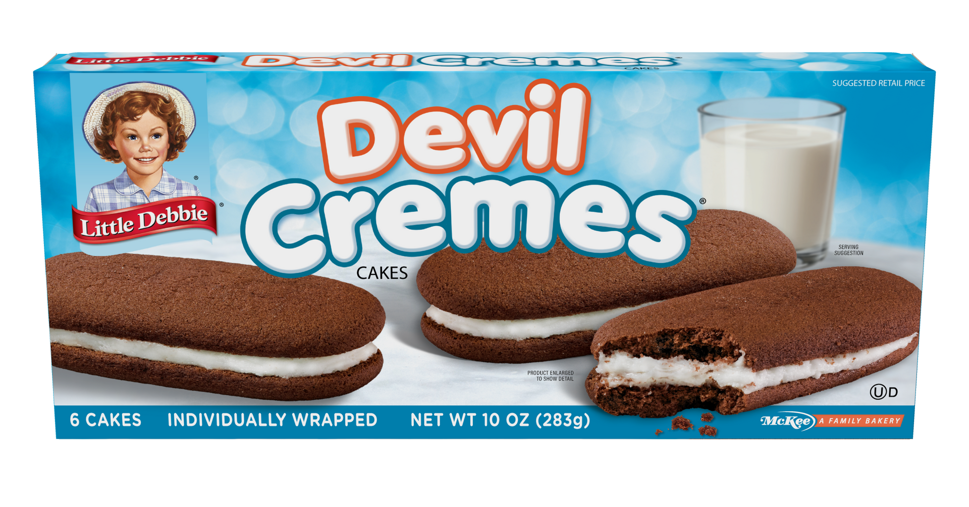A box of devil cremes cookies with a glass of milk in the background.