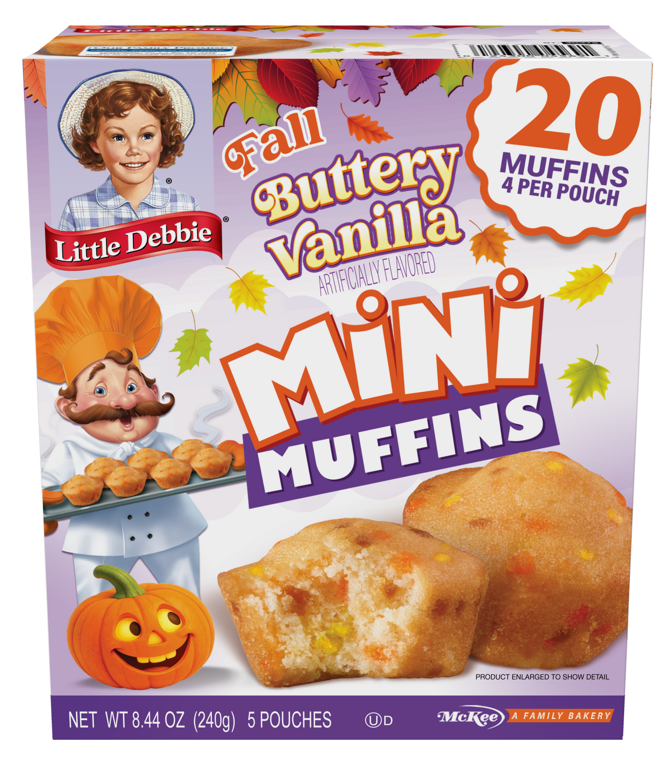 A box of fall buttery vanilla-flavored mini muffins on a purple fall background