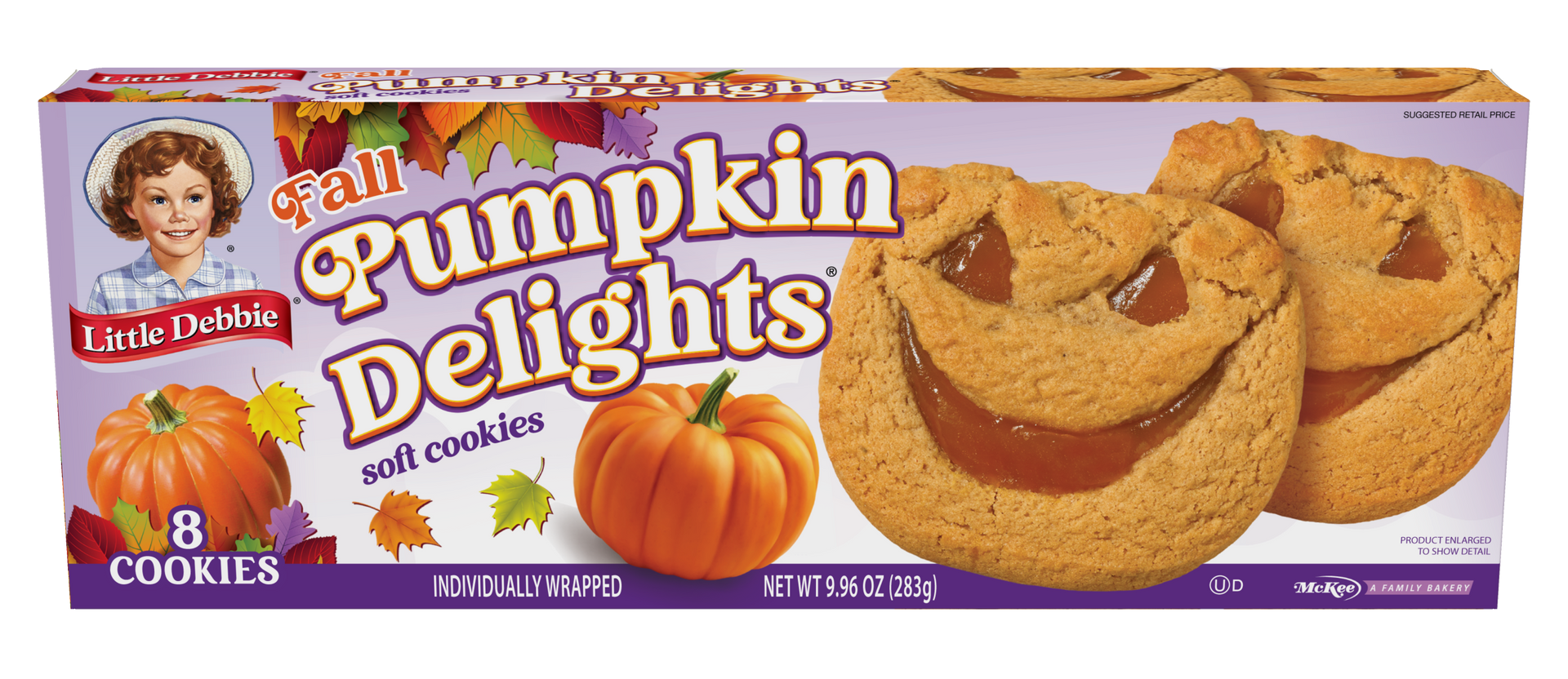 A box of pumpkin delights cookies on a white background