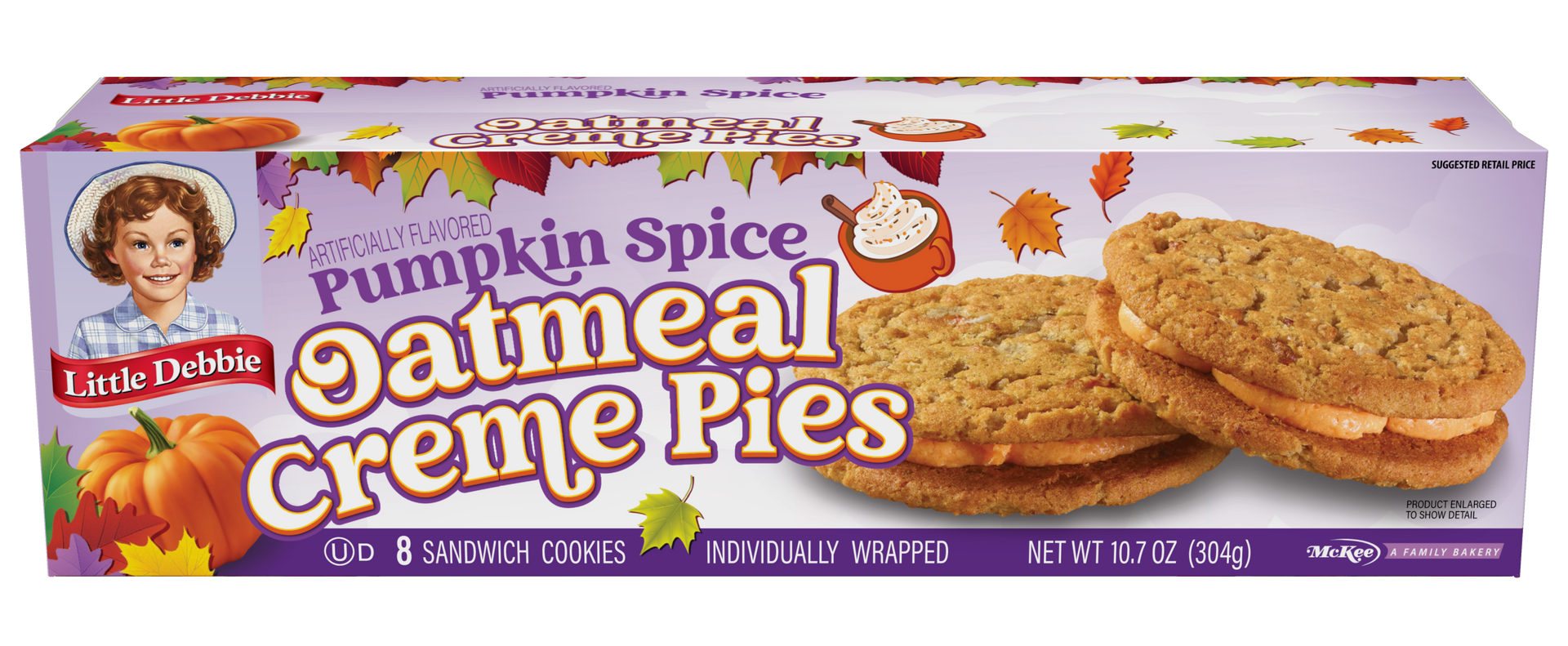A box of pumpkin spice oatmeal creme pies on a purple background