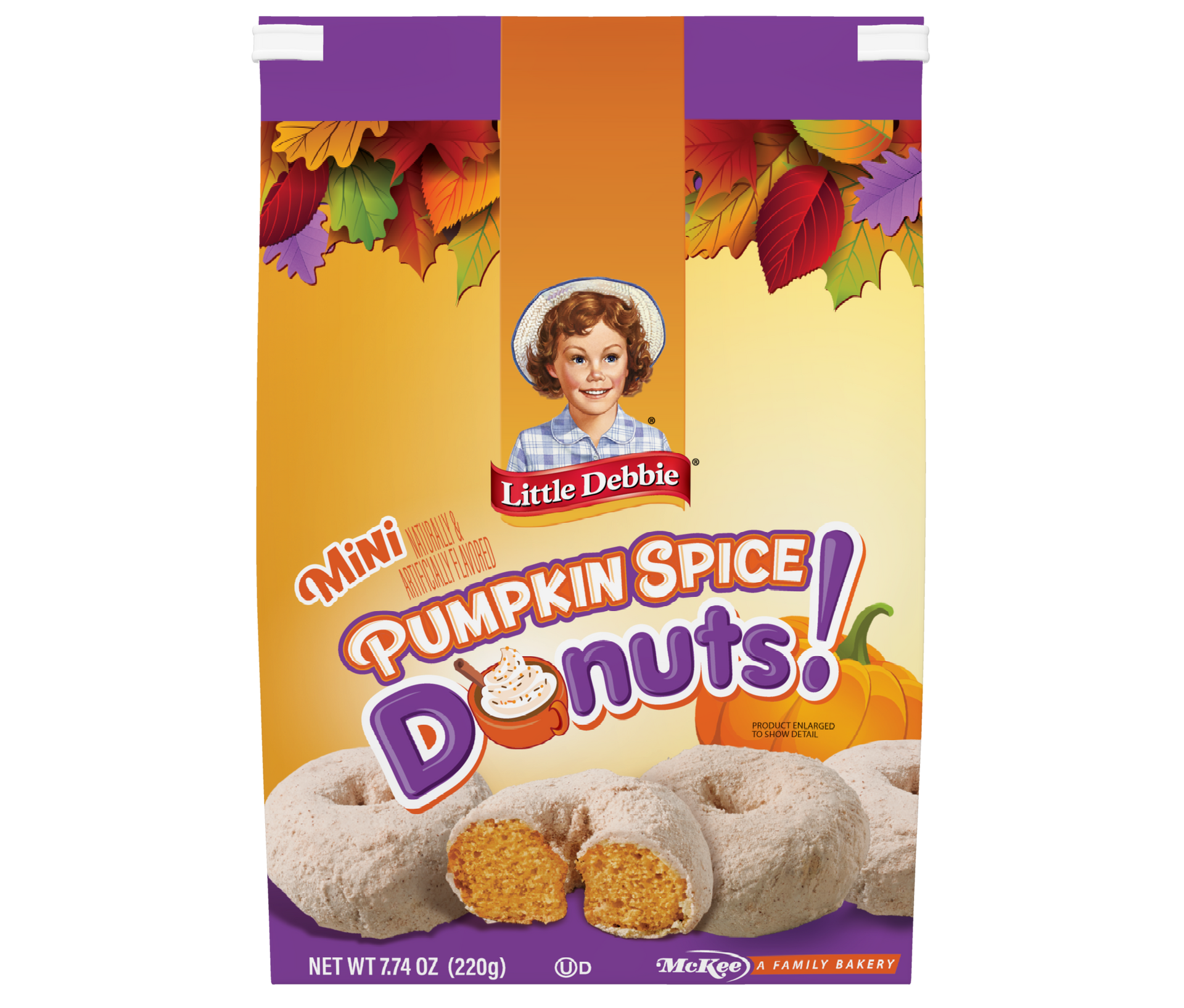 a bag of pumpkin spice mini donuts on a purple and orange background