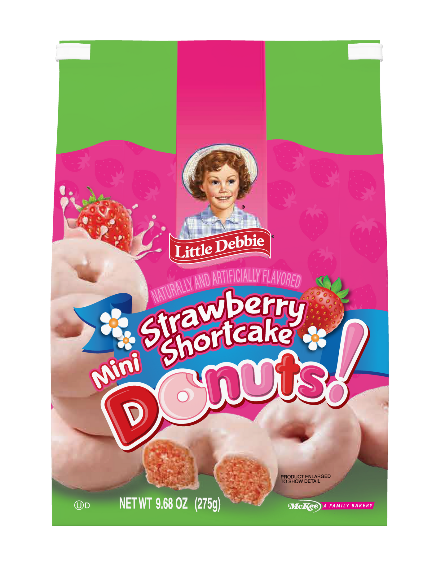 A box of strawberry donuts with a woman on the label.