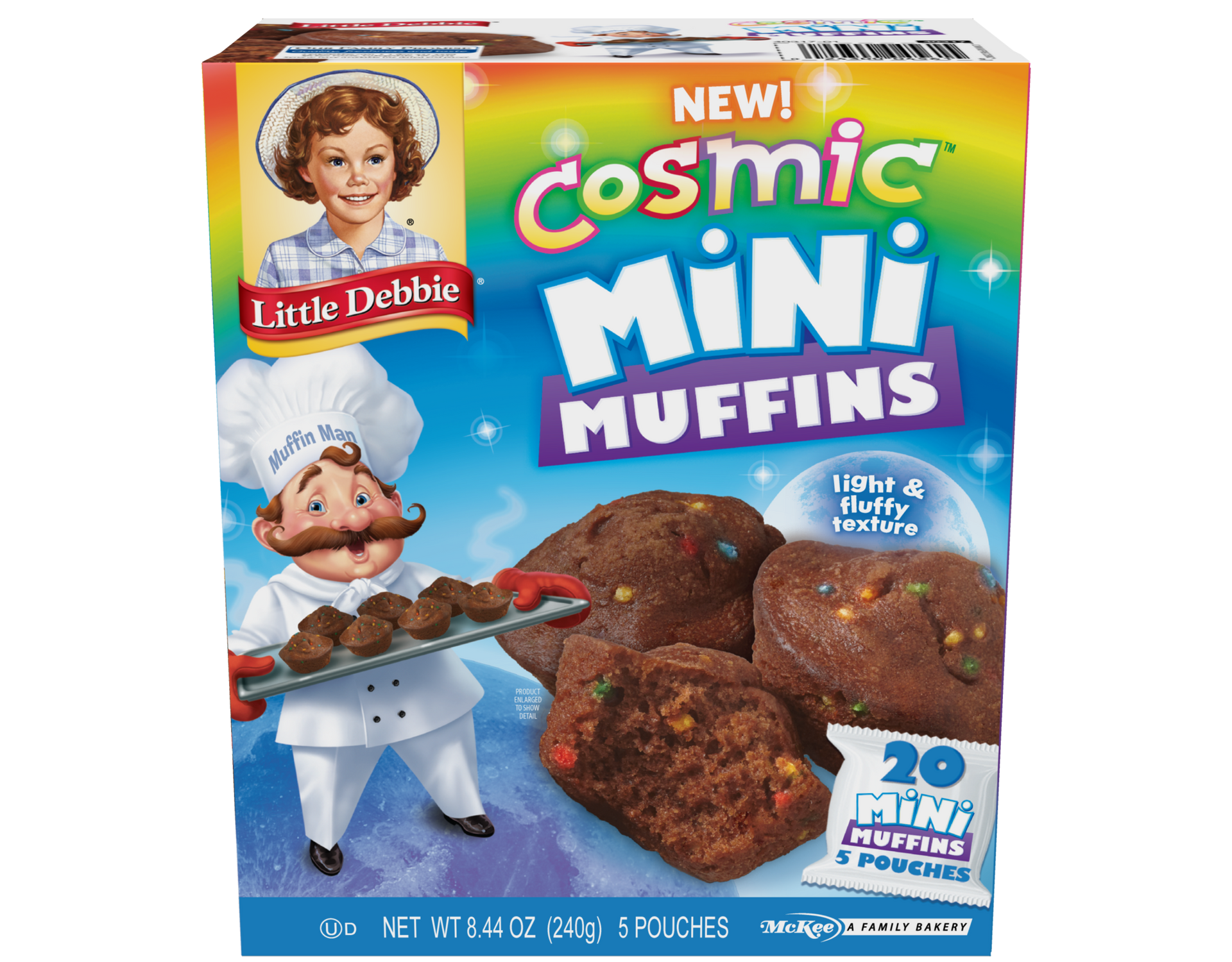 A box of mini chocolate mini muffins with colorful bits mixed in with a picture of a chef on it.