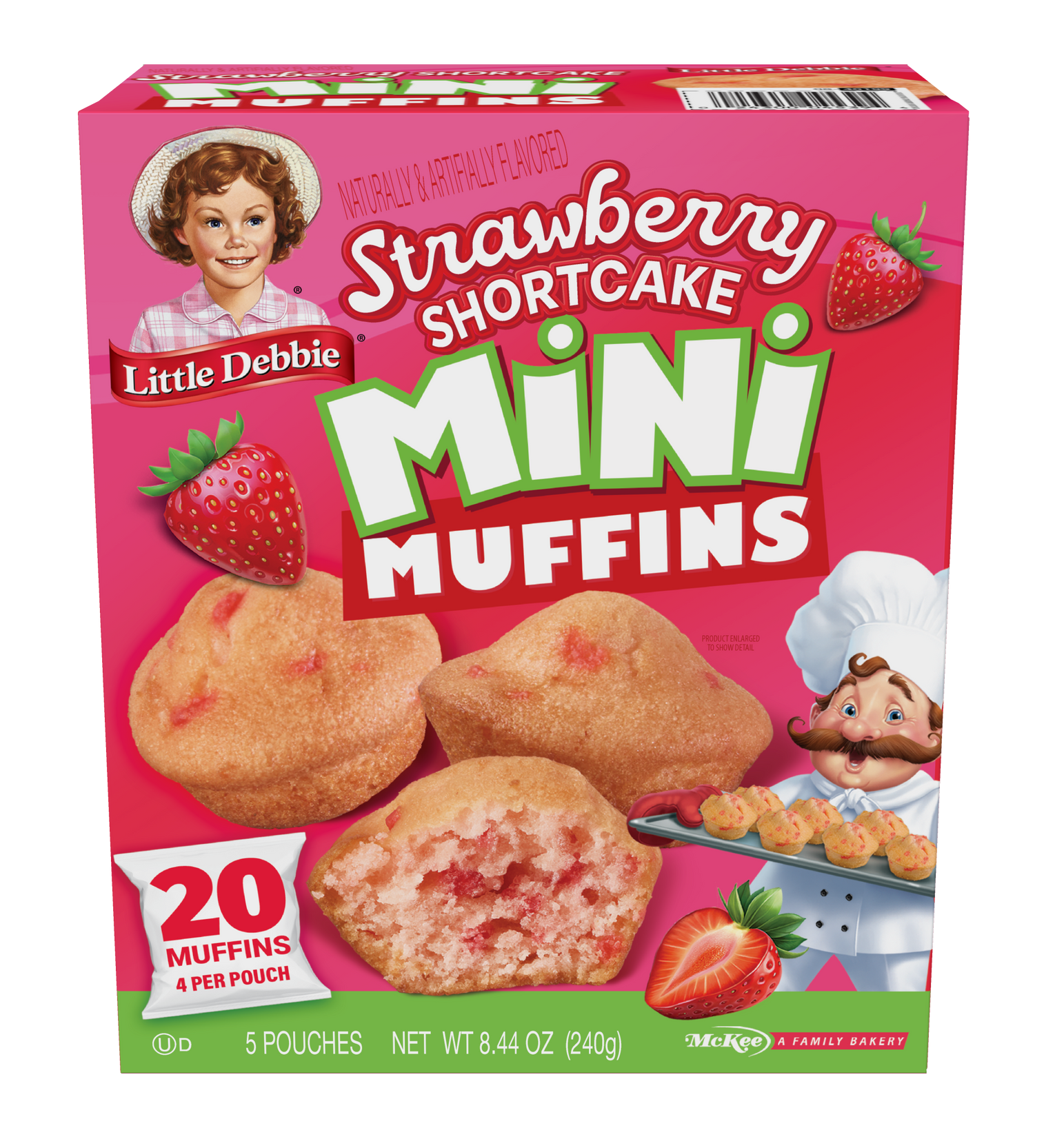 A box of strawberry shortcake mini muffins on a white background.