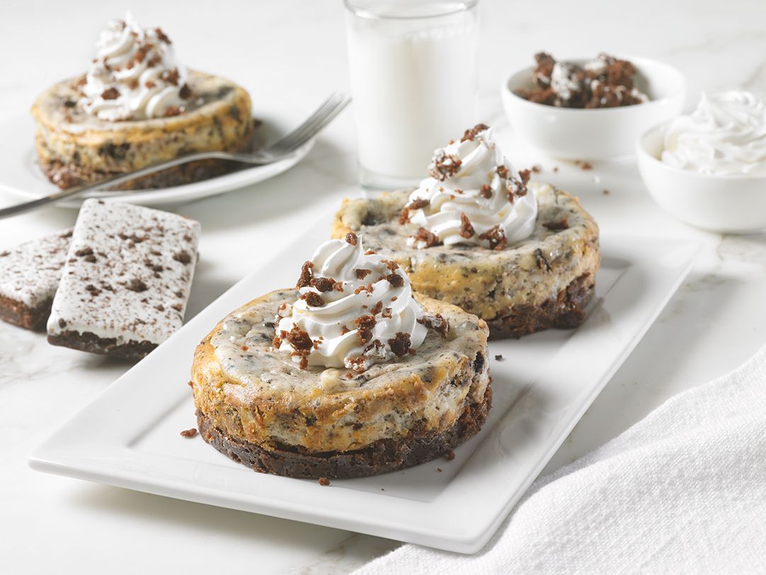A white plate topped with chocolate chip cheesecake and whipped cream.