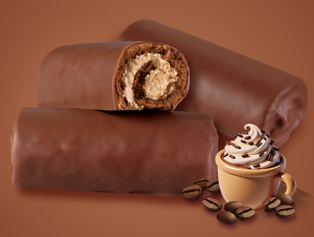 three mocha flavored swiss rolls on dark brown background